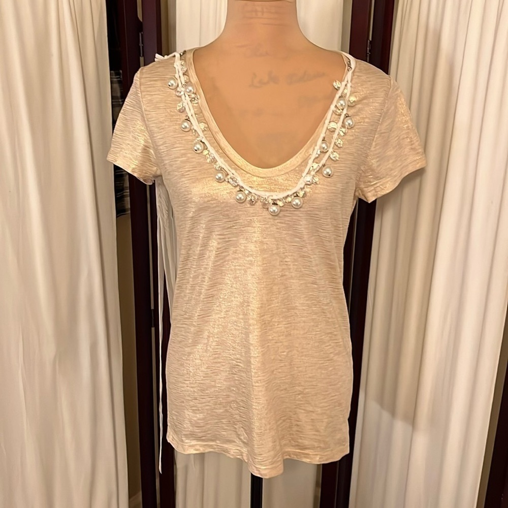 Moda international shimmery T-shirt with attached lace bauble necklace s…